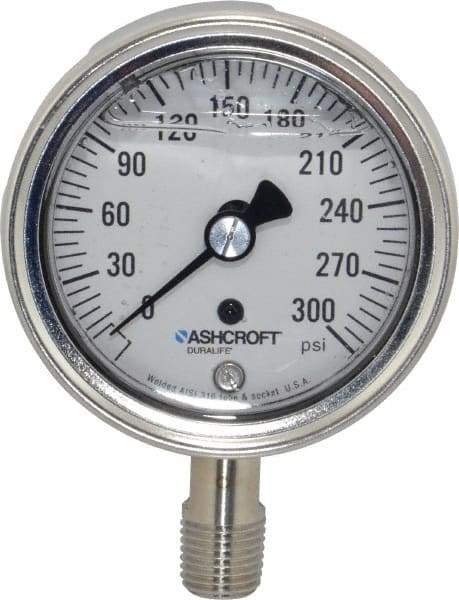 Ashcroft - 2-1/2" Dial, 1/4 Thread, 0-300 Scale Range, Pressure Gauge - Lower Connection Mount, Accurate to 1% of Scale - Best Tool & Supply