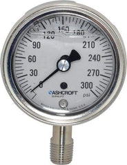 Ashcroft - 2-1/2" Dial, 1/4 Thread, 0-300 Scale Range, Pressure Gauge - Lower Connection Mount, Accurate to 1% of Scale - Best Tool & Supply