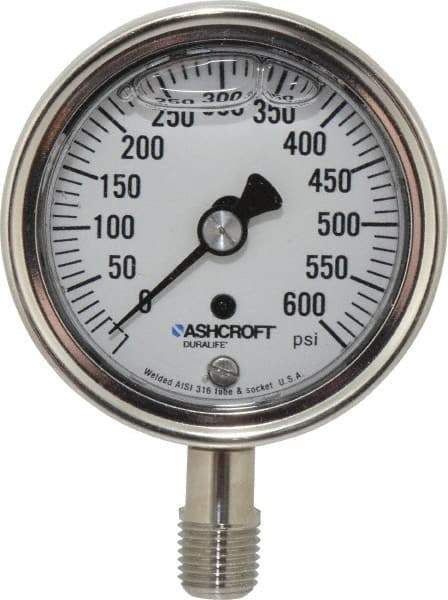 Ashcroft - 2-1/2" Dial, 1/4 Thread, 0-600 Scale Range, Pressure Gauge - Lower Connection Mount, Accurate to 1% of Scale - Best Tool & Supply