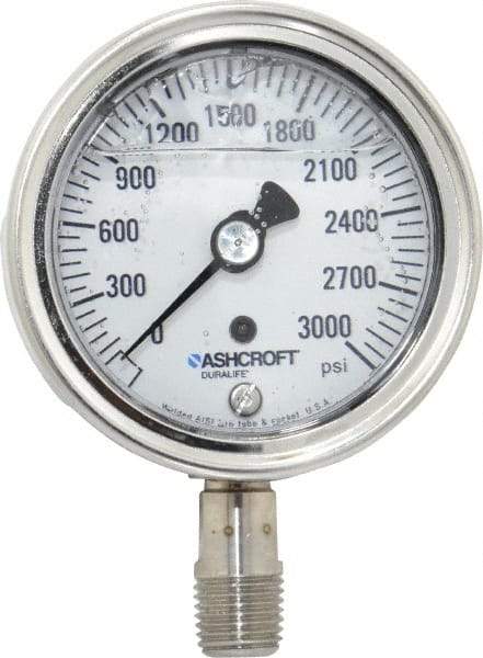 Ashcroft - 2-1/2" Dial, 1/4 Thread, 0-3,000 Scale Range, Pressure Gauge - Lower Connection Mount, Accurate to 1% of Scale - Best Tool & Supply