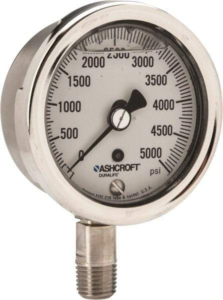 Ashcroft - 2-1/2" Dial, 1/4 Thread, 0-5,000 Scale Range, Pressure Gauge - Lower Connection Mount, Accurate to 1% of Scale - Best Tool & Supply