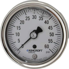 Ashcroft - 2-1/2" Dial, 1/4 Thread, 0-60 Scale Range, Pressure Gauge - Center Back Connection Mount, Accurate to 1% of Scale - Best Tool & Supply