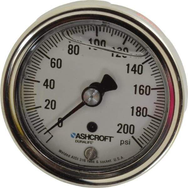 Ashcroft - 2-1/2" Dial, 1/4 Thread, 0-200 Scale Range, Pressure Gauge - Center Back Connection Mount, Accurate to 1% of Scale - Best Tool & Supply