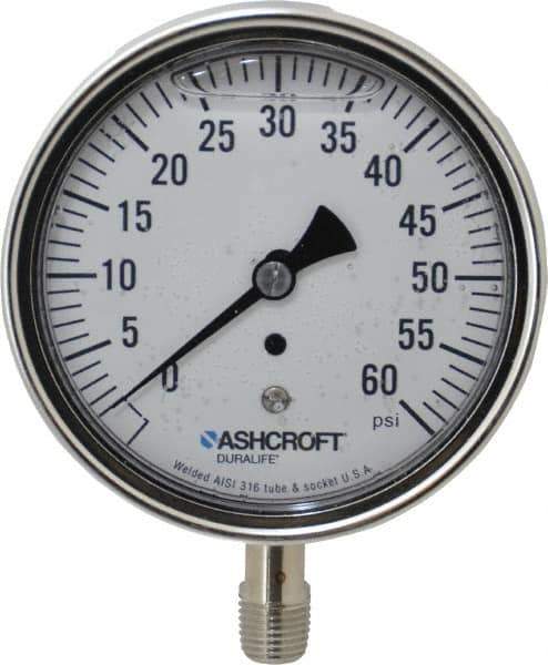 Ashcroft - 3-1/2" Dial, 1/4 Thread, 0-60 Scale Range, Pressure Gauge - Lower Connection Mount, Accurate to 1% of Scale - Best Tool & Supply