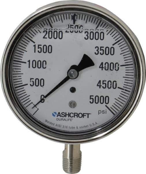 Ashcroft - 3-1/2" Dial, 1/4 Thread, 0-5,000 Scale Range, Pressure Gauge - Lower Connection Mount, Accurate to 1% of Scale - Best Tool & Supply