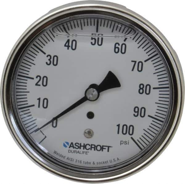 Ashcroft - 3-1/2" Dial, 1/4 Thread, 0-100 Scale Range, Pressure Gauge - Center Back Connection Mount, Accurate to 1% of Scale - Best Tool & Supply