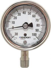 Ashcroft - 2-1/2" Dial, 1/4 Thread, 30-0-100 Scale Range, Pressure Gauge - Lower Connection Mount, Accurate to 1% of Scale - Best Tool & Supply