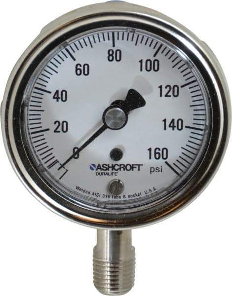 Ashcroft - 2-1/2" Dial, 1/4 Thread, 0-160 Scale Range, Pressure Gauge - Lower Connection Mount, Accurate to 1% of Scale - Best Tool & Supply