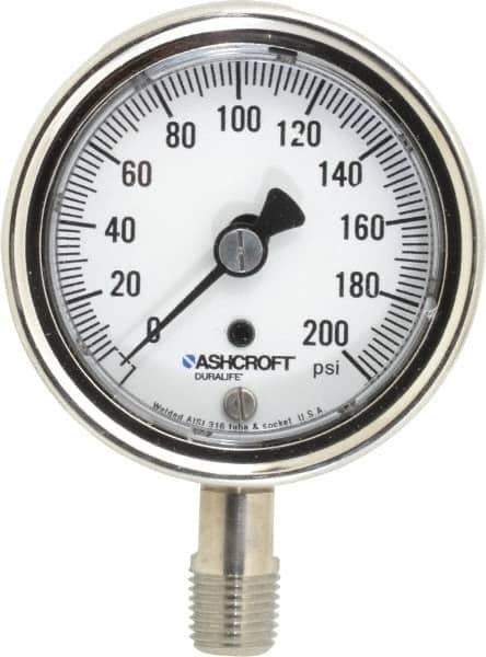 Ashcroft - 2-1/2" Dial, 1/4 Thread, 0-200 Scale Range, Pressure Gauge - Lower Connection Mount, Accurate to 1% of Scale - Best Tool & Supply