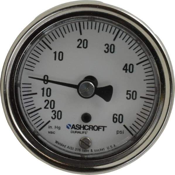 Ashcroft - 2-1/2" Dial, 1/4 Thread, 30-0-60 Scale Range, Pressure Gauge - Center Back Connection Mount, Accurate to 1% of Scale - Best Tool & Supply