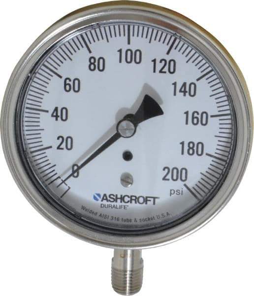 Ashcroft - 3-1/2" Dial, 1/4 Thread, 0-200 Scale Range, Pressure Gauge - Lower Connection Mount, Accurate to 1% of Scale - Best Tool & Supply