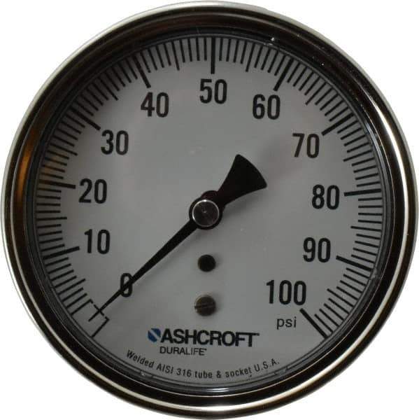 Ashcroft - 3-1/2" Dial, 1/4 Thread, 0-100 Scale Range, Pressure Gauge - Center Back Connection Mount, Accurate to 1% of Scale - Best Tool & Supply