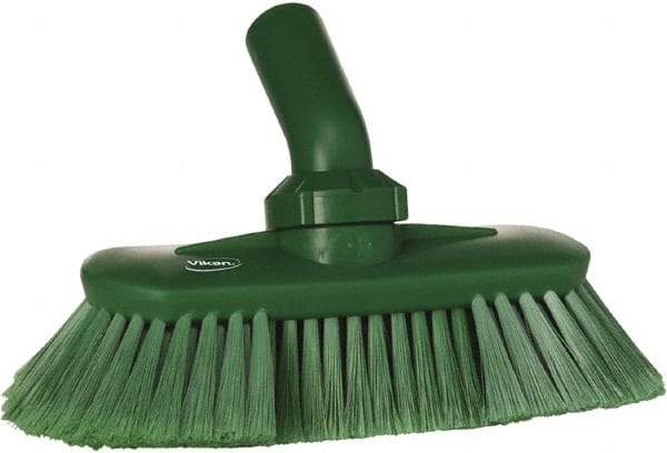 Vikan - 1-1/2" Bristle Length, Polyester Wash Brush - 7-3/4" Long x 3" Wide Head, 8" OAL, European Threaded Handle, Green, Polypropylene Block, Flagged - Best Tool & Supply