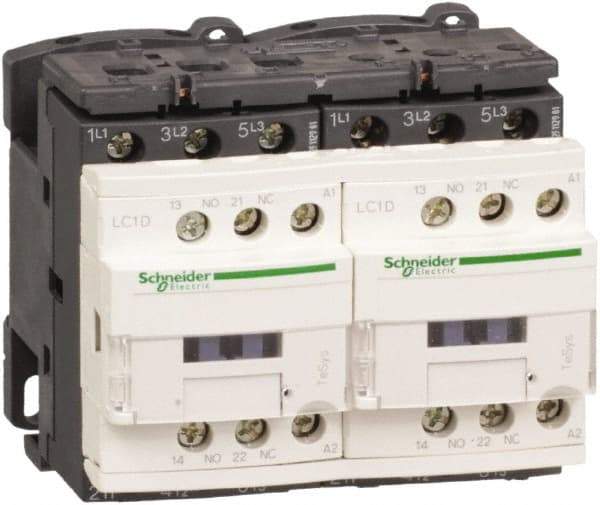 Schneider Electric - 3 Pole, 24 Coil VDC, 12 Amp at 440 VAC, Reversible IEC Contactor - 1 Phase hp: 1 at 115 VAC, 2 at 230/240 VAC, 3 Phase hp: 10 at 575/600 VAC, 3 at 200/208 VAC, 3 at 230/240 VAC, 7.5 at 460/480 VAC - Best Tool & Supply