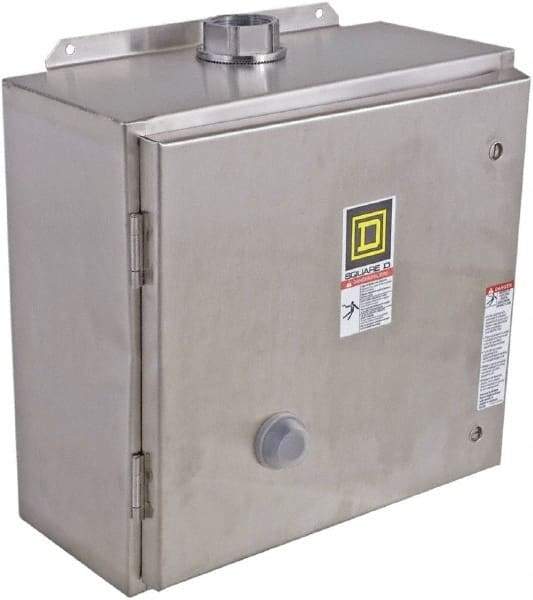 Square D - 208 Coil VAC at 60 Hz, 45 Amp, NEMA Size 2, Reversible Enclosed Enclosure NEMA Motor Starter - 3 Phase hp: 10 at 200 VAC, 15 at 230 VAC, 25 at 460 VAC, 25 at 575 VAC, 4x Enclosure Rating - Best Tool & Supply