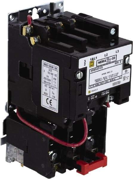 Square D - 440 Coil VAC at 50 Hz, 480 Coil VAC at 60 Hz, 9 Amp, Nonreversible Open Enclosure NEMA Motor Starter - 3 Phase hp: 1-1/2 at 200 VAC, 1-1/2 at 230 VAC, 2 at 460 VAC, 2 at 575 VAC - Best Tool & Supply