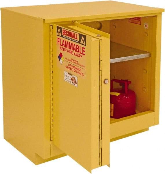 Securall Cabinets - 2 Door, 1 Shelf, Yellow Steel Under the Counter Safety Cabinet for Flammable and Combustible Liquids - 35-5/8" High x 35" Wide x 22" Deep, Sliding Door, 3 Point Key Lock, 24 Gal Capacity - Best Tool & Supply