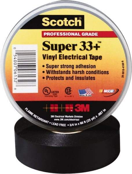 3M - 3/4" x 52', Black Vinyl Electrical Tape - Series 33+, 7 mil Thick, 1,150 V/mil Dielectric Strength, 15 Lb./Inch Tensile Strength - Best Tool & Supply