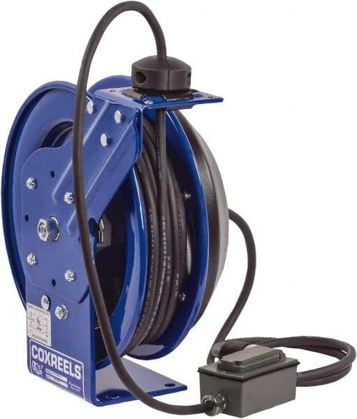 CoxReels - 12 AWG, 50' Cable Length, Cord & Cable Reel with Duplex GFCI Outlet Box End - 2 Outlets, NEMA 5-15R, 13 Amps, 115 Volts, SJO Cable, Blue Reel, Spring Driven Reel - Best Tool & Supply