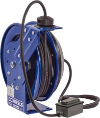 CoxReels - 12 AWG, 75' Cable Length, Cord & Cable Reel with Duplex GFCI Outlet Box End - 2 Outlets, NEMA 5-20R, 20 Amps, 115 Volts, SJO Cable, Blue Reel, Spring Driven Reel - Best Tool & Supply