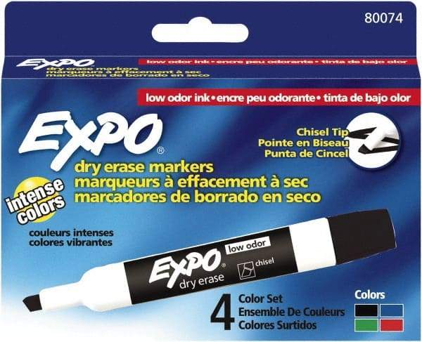 Expo - Black, Blue, Green & Red Low Odor Chisel Tip 4 Pack Dry Erase Markers - For Use with Dry Erase Marker Boards - Best Tool & Supply