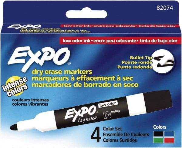 Expo - Black, Blue, Green & Red Low Odor Bullet Tip 4 Pack Dry Erase Markers - For Use with Dry Erase Marker Boards - Best Tool & Supply