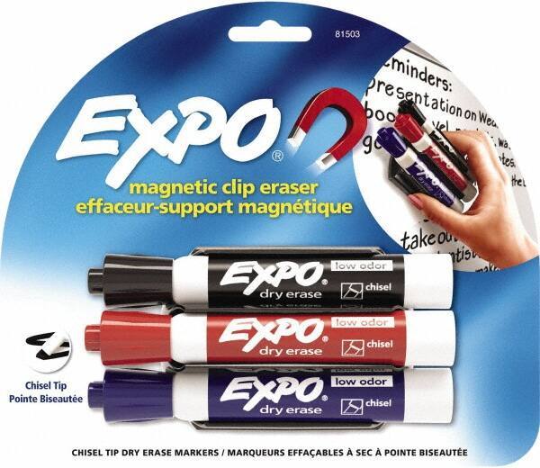 Expo - Chisel Tip 3 Pack with Dry Eraser - Includes Black, Red & Purple & Eraser, For Use with Dry Erase Marker Boards - Best Tool & Supply