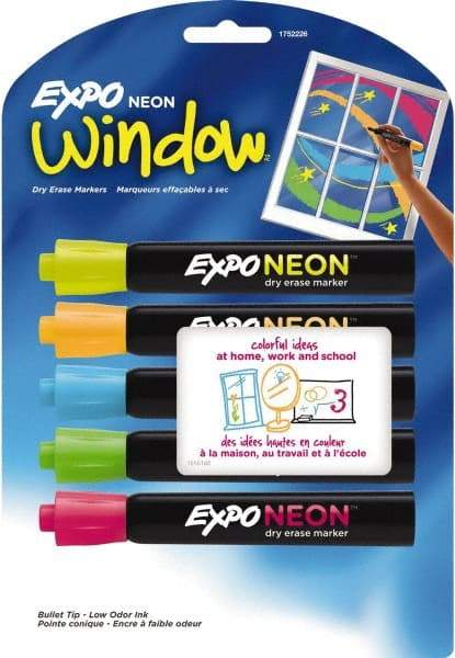 Expo - Blue, Green, Orange, Pink & Yellow Bullet Tip Neon 5 Pack Dry Erase Markers - For Use with Dry Erase Marker Boards - Best Tool & Supply