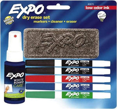 Expo - Red, Blue, Green & 2 Black Low Odor Fine Tip 5 Pack Dry Erase Markers - Includes 3 oz Cleaning Fluid & Eraser, For Use with Dry Erase Marker Boards - Best Tool & Supply