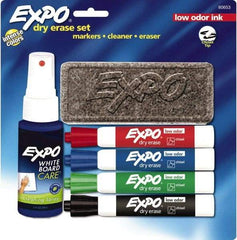 Expo - Red, Blue, Green & Black Low Odor 4 Pack Chisel Tip Dry Erase Markers - Includes Eraser & 3 oz Cleaning Fluid, For Use with Dry Erase Marker Boards - Best Tool & Supply