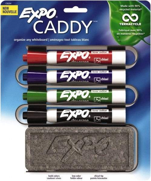 Expo - Red, Black, Blue & Green Low Odor Chisel Tip Markers 4 Pack Dry Erase Markers - Includes Eraser & Caddy Organizer, For Use with Dry Erase Marker Boards - Best Tool & Supply