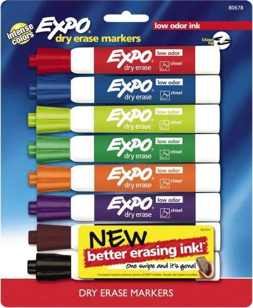 Expo - Black, Blue, Brown, Green, Orange, Pink, Purple & Red Low Odor Chisel Tip 8 Pack Dry Erase Markers - For Use with Dry Erase Marker Boards - Best Tool & Supply