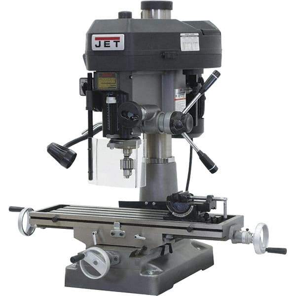 Jet - 1 Phase, 15-7/8" Swing, Step Pulley Mill Drill Combination - 9-1/2" Table Length x 32-1/4" Table Width, 20-1/2" Longitudinal Travel, 7" Cross Travel, 12 Spindle Speeds, 2 hp, 115/230 Volts - Best Tool & Supply