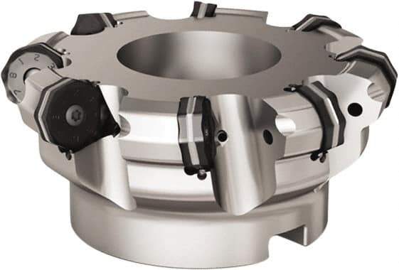 Seco - 8 Inserts, 5.311" Cutter Diam, 0.0787" Max Depth of Cut, Indexable High-Feed Face Mill - 1.5748" Arbor Hole Diam, 0.6457" Keyway Width, 2.4803" High, R220.21 Toolholder, ON.. 09.. Inserts - Best Tool & Supply