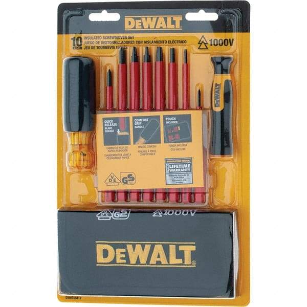 DeWALT - 10 Piece Slotted & Phillips Screwdriver Set - Vinyl Grip Handle, Blade Sizes: Width 3/16, 1/4 & 1/8, Bit Sizes: Philips #0 to #2, Tip Thickness: 1/8, 3/16 & 1/4, Comes in Tool Roll - Best Tool & Supply