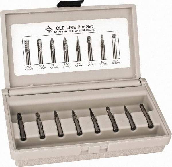 Cle-Line - 8 Piece, 1/4" Shank Burr Set - Solid Carbide, Multiple Head Shapes - Best Tool & Supply