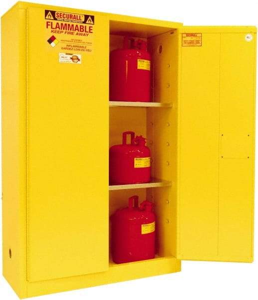 Securall Cabinets - 2 Door, 2 Shelf, Yellow Steel Standard Safety Cabinet for Flammable and Combustible Liquids - 65" High x 43" Wide x 18" Deep, Manual Closing Door, 3 Point Key Lock, 45 Gal Capacity - Best Tool & Supply