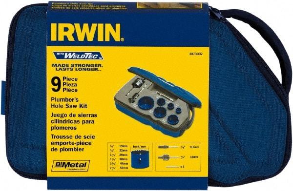 Irwin Blades - 9 Piece, 3/4" to 2-1/4" Saw Diam, Plumber's Hole Saw Kit - Bi-Metal, Toothed Edge, Pilot Drill Model No. 373000, Includes 6 Hole Saws - Best Tool & Supply