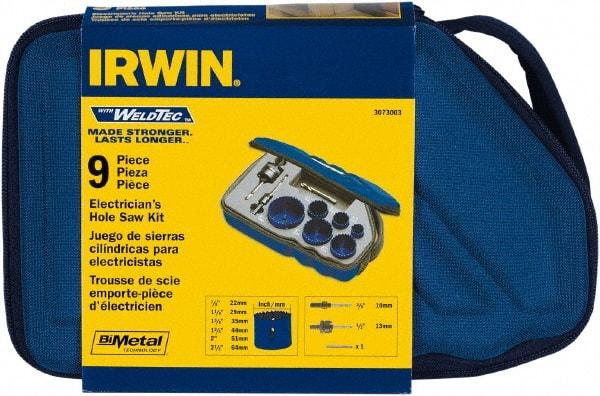 Irwin Blades - 9 Piece, 7/8" to 2-1/2" Saw Diam, Electrician's Hole Saw Kit - Bi-Metal, Toothed Edge, Pilot Drill Model No. 373000, Includes 6 Hole Saws - Best Tool & Supply