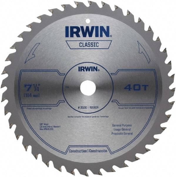 Irwin Blades - 7-1/4" Diam, 5/8" Arbor Hole Diam, 40 Tooth Wet & Dry Cut Saw Blade - Carbide-Tipped, Smooth Action, Diamond Arbor - Best Tool & Supply