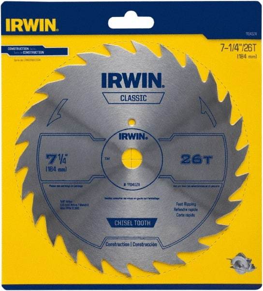 Irwin Blades - 7-1/4" Diam, 5/8" Arbor Hole Diam, 26 Tooth Wet & Dry Cut Saw Blade - High Carbon Steel, Smooth Action, Diamond Arbor - Best Tool & Supply