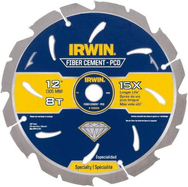 Irwin Blades - 12" Diam, 1" Arbor Hole Diam, 8 Tooth Wet & Dry Cut Saw Blade - Diamond-Tipped, Smooth Action, Standard Round Arbor - Best Tool & Supply