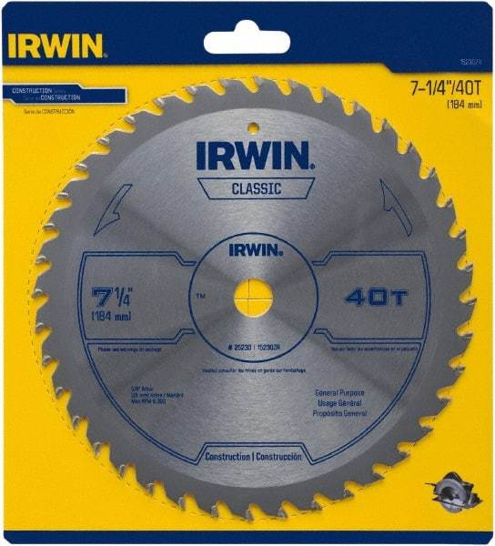 Irwin Blades - 7-1/4" Diam, 5/8" Arbor Hole Diam, 40 Tooth Wet & Dry Cut Saw Blade - Carbide-Tipped, Smooth Action, Diamond Arbor - Best Tool & Supply