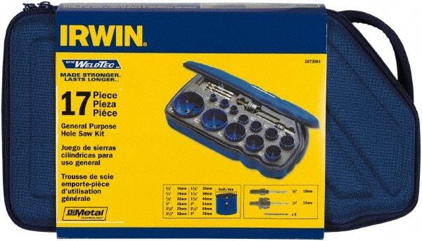 Irwin - 17 Piece, 5/8" to 3" Saw Diam, General Purpose Hole Saw Kit - Bi-Metal, Toothed Edge, Pilot Drill Model No. 373000, Includes 12 Hole Saws - Best Tool & Supply