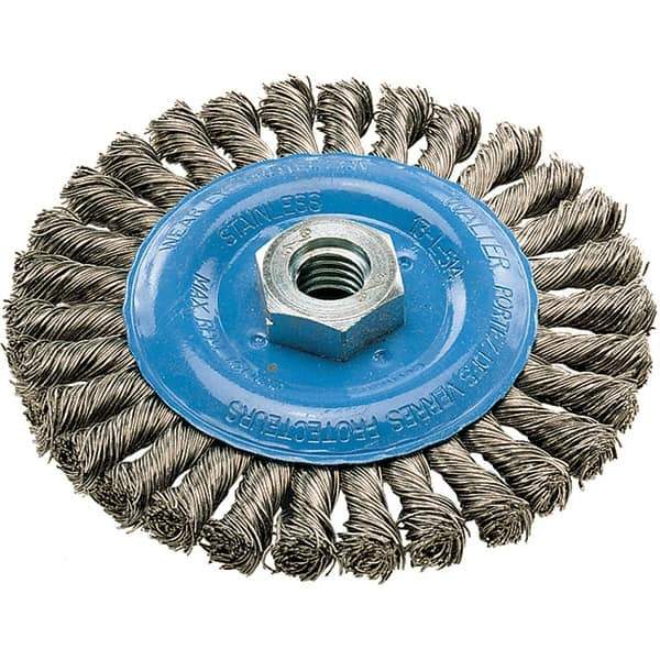 WALTER Surface Technologies - 5" OD, 5/8-11 Arbor Hole, Knotted Stainless Steel Wheel Brush - 3/8" Face Width, 0.02" Filament Diam, 15,000 RPM - Best Tool & Supply