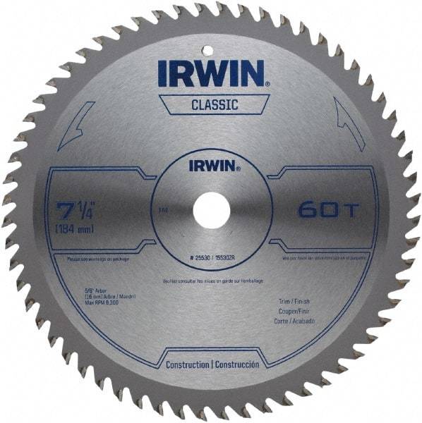 Irwin Blades - 7-1/4" Diam, 5/8" Arbor Hole Diam, 60 Tooth Wet & Dry Cut Saw Blade - Carbide-Tipped, Smooth Action, Diamond Arbor - Best Tool & Supply