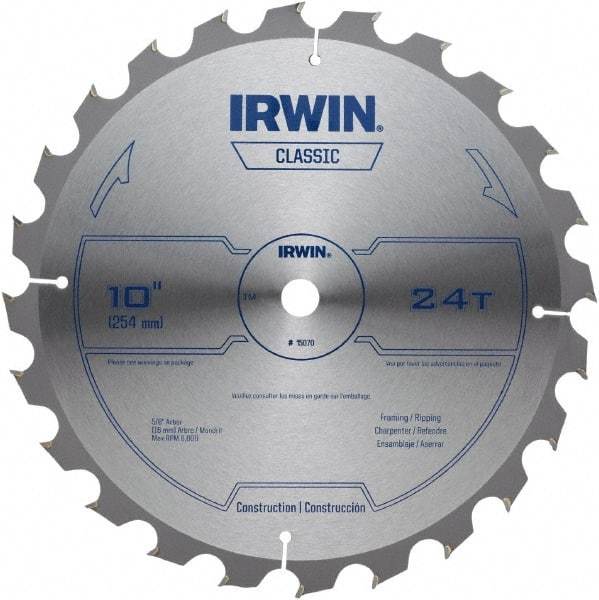 Irwin - 10" Diam, 5/8" Arbor Hole Diam, 24 Tooth Wet & Dry Cut Saw Blade - Carbide-Tipped, Smooth Action, Diamond Arbor - Best Tool & Supply