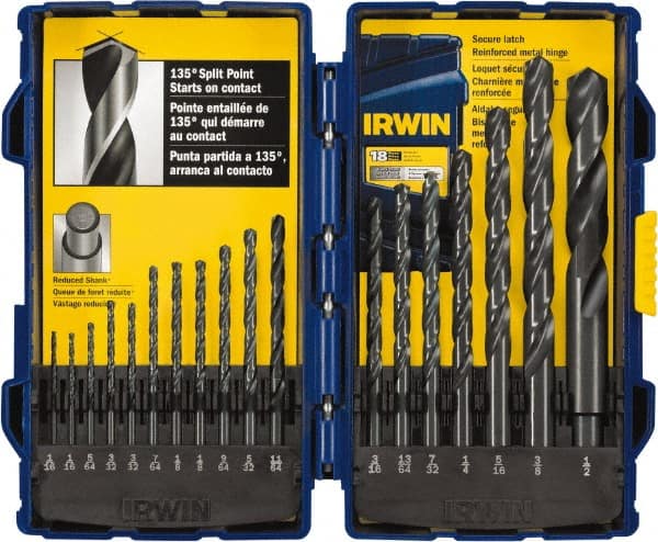 Irwin - 1/16 to 1/2", 135° Point, Oxide Finish, High Speed Steel Jobber Length Drill Bit Set - Best Tool & Supply