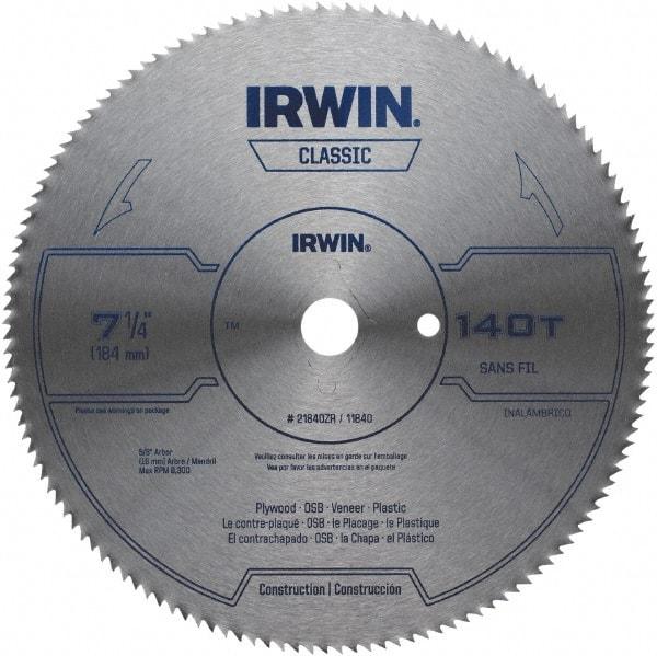 Irwin Blades - 7-1/4" Diam, 5/8" Arbor Hole Diam, 140 Tooth Wet & Dry Cut Saw Blade - High Carbon Steel, Smooth Action, Diamond Arbor - Best Tool & Supply