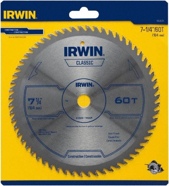 Irwin Blades - 7-1/4" Diam, 5/8" Arbor Hole Diam, 60 Tooth Wet & Dry Cut Saw Blade - Carbide-Tipped, Smooth Action, Diamond Arbor - Best Tool & Supply